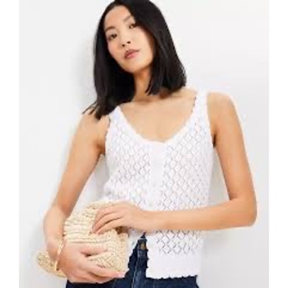 LOFT‎ Sweater Tank Top Womens XL White Excellent Pointelle Knit Button Front